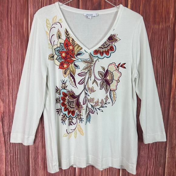 Chico's Tops - Chico's V-Neck Top Botanical Floral Print Ivory 3/4 Sleeves Artsy Size 2 / US L‎